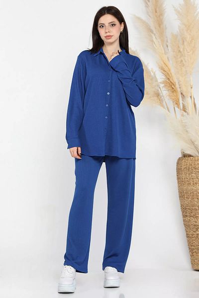 GÜLSELİ Saksblue Women's Ribbed Shirt Pants Double Set