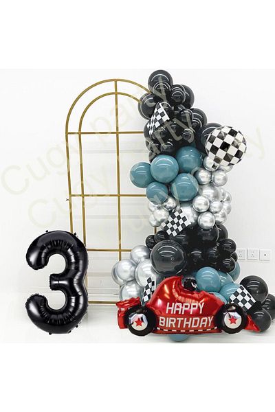 CUGY Race Car Concept 3 Year Old Birthday Party Celebration Set in Blue Silver Black Colors