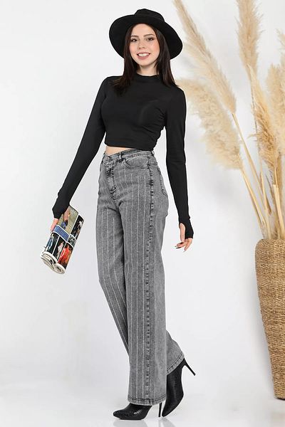 GÜLSELİ Anthracite High Waist Stone Detailed Palazzo Jeans