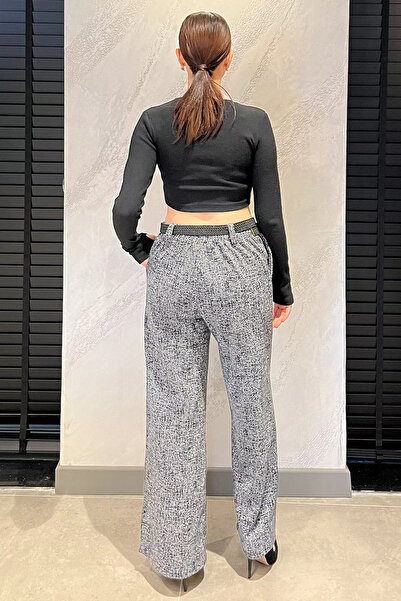 Zehra Gül Lacivert Kadın Kışlık Karyağdı Desenli Pile Detaylı Kemerli Palazzo Pantolon