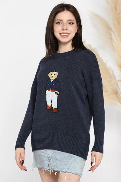 GÜLSELİ Navy Blue Applique Bear Women's Knitwear Sweater