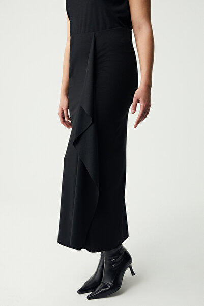 ETHIQUET Kınkbb Women's Elastic Waist Side Seam Gathered Panel Detailed Black Large Size Skirt