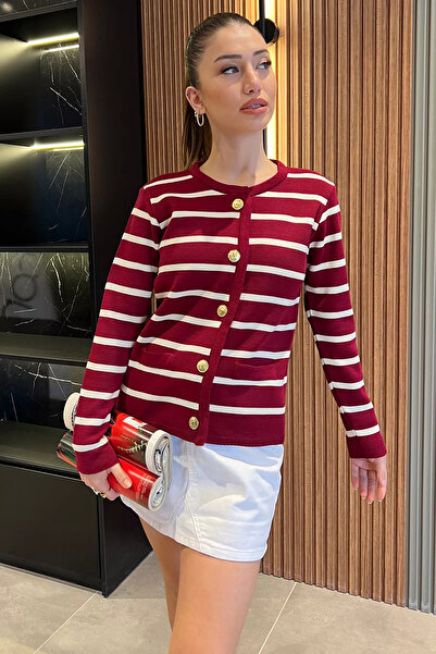 julude Claret Red Women's Front Buttoned Stripe Patterned Knitwear Cardigan (Size Fits S-M-L)