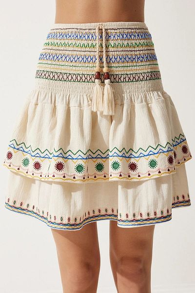 Namaste Vintage Wide Waist Elastic Raw Linen Bohemian Short Skirt
