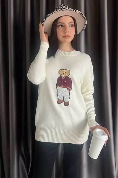 GÜLSELİ Γυναικείο πλεκτό πουλόβερ Cream Applique Bear