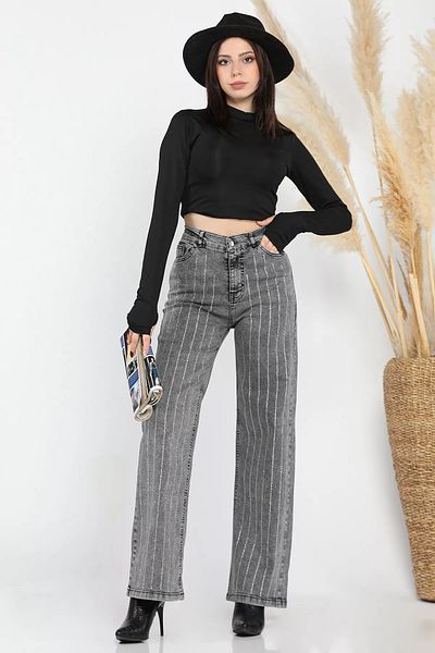 GÜLSELİ Anthracite High Waist Stone Detailed Palazzo Jeans