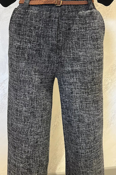 Zehra Gül Antrasit Kadın Yüksek Bel Kendinden Desenli Bel Lastikli Kışlık Bol Paça Palazzo Pantolon