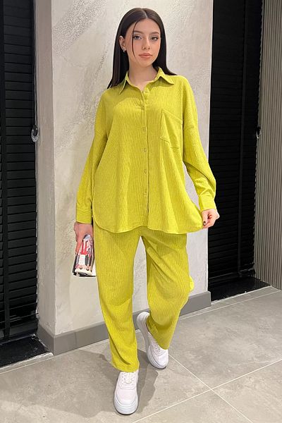 GÜLSELİ Oil Green Women's Shirt Pants Wrap Two-Piece Set