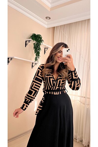 Moka Shopin Mokashopin Women's Long Sleeve Double Breasted Collar Plunging Crepe Midi Length Dress