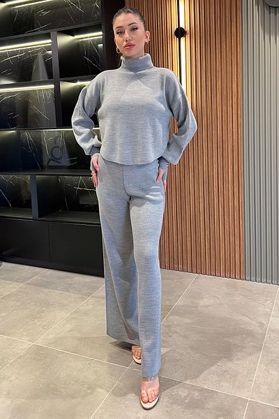 GÜLSELİ Gray Women's Finger Snap High Waist Knitwear Set