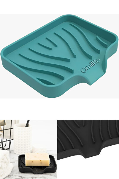 omilife Turquoise Silicone Soap Dish with Water Drain and Suction Cup Flexible Structure Kitchen Bathroom Wall Type Soap Container