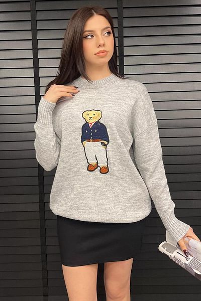 GÜLSELİ Pulover de tricotaj pentru femei cu urs cu aplicații gri