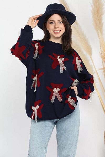 GÜLSELİ Navy Blue Teddy Bear Patterned Ribbon Crew Neck Women's Knitwear Sweater