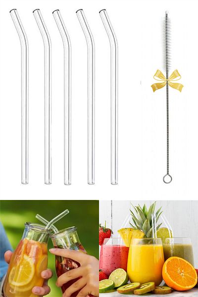 omilife Thermosilicate Heat Resistant 5 Pieces Glass Straws - Glass Brush, Gift