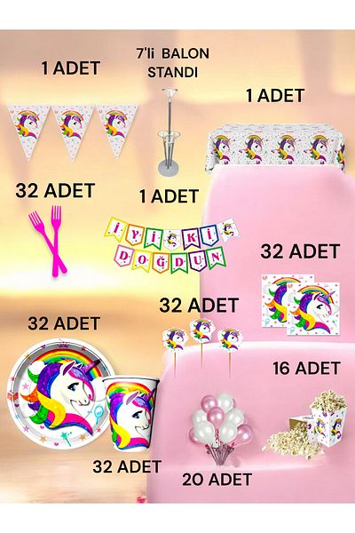 VibeHome 32-Person Unicorn Theme 2XL Pack - Birthday Party and Fun Events