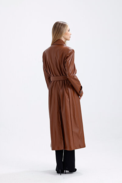 Sense Tan Faux Leather Trench Coat Top Coat - Lined and Belted Waist