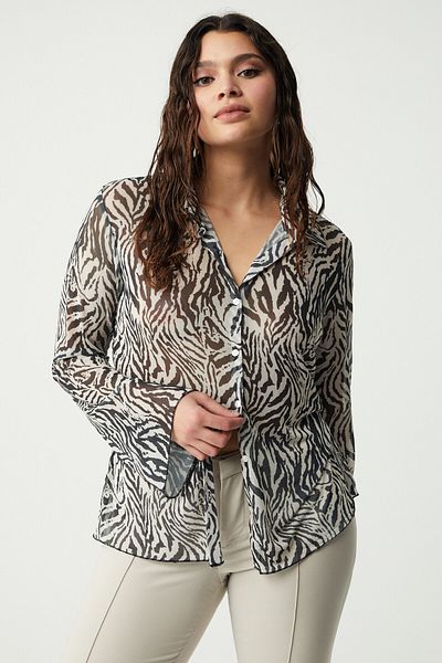 ETHIQUET Pıppabb Women's Tulle Fabric See-Through Slim Fit Body Wrap Zebra Print Plus Size Shirt