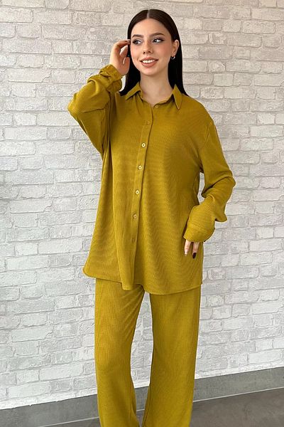 GÜLSELİ Oil Green Women's Ribbed Shirt Pants Double Set