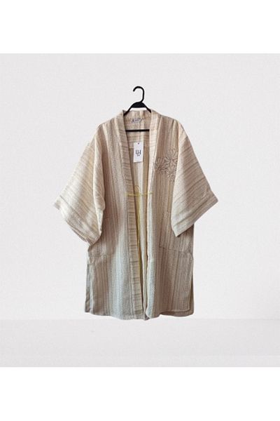 Namaste Vintage Cream-Yellow Kimono and Trousers Woven Set with Elastic Waist