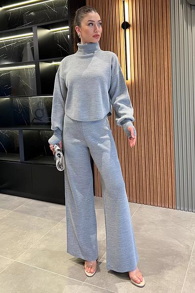 GÜLSELİ Gray Women's Finger Snap High Waist Knitwear Set