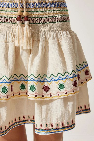 Namaste Vintage Wide Waist Elastic Raw Linen Bohemian Short Skirt