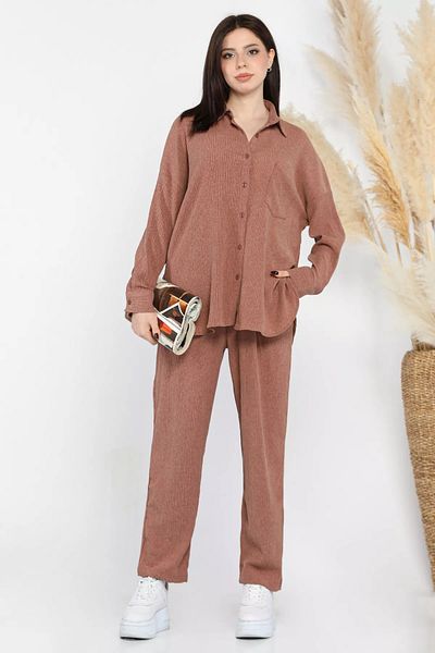 GÜLSELİ Light Brown Women's Shirt Pants Wrapped Double Set