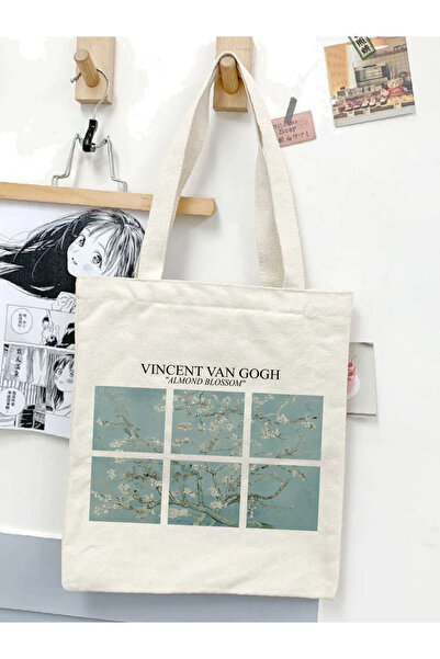 Cemira Almond Blossom - Vincent Van Gogh Tasarım Ham Bez Tote Bag Çanta, Pinterest Çanta