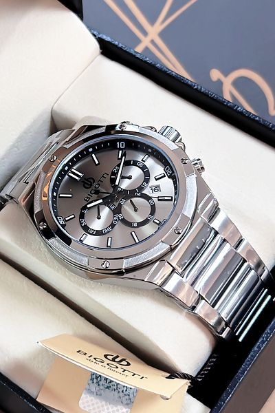 Bigotti Custom Boxed 5 Atm Waterproof Men Wristwatch Silver Color Steel Band + Gift Bracelet Bme2020C2