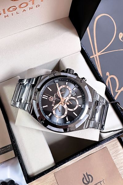Bigotti Custom Boxed 5 Atm Waterproof Men Wristwatch Smoked Color Steel Band + Gift Bracelet Bme2020C1