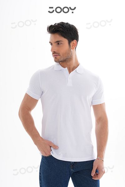 Jooy Tricou alb cu gât polo pentru bărbați, 100% bumbac
