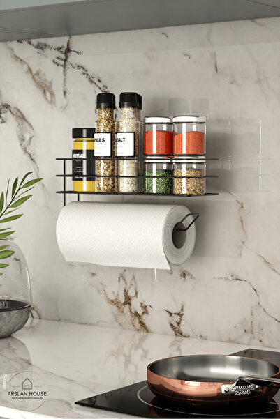 ARSLAN HOUSE Yapışkanlı Baharatlık Ve Kağıt Havlu Askısı Siyah Dayanıklı Baha...