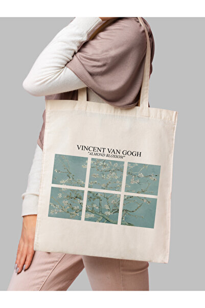 Cemira Almond Blossom - Vincent Van Gogh Tasarım Ham Bez Tote Bag Çanta, Pinterest Çanta