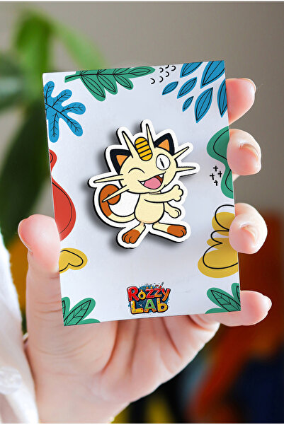 Rozzy Lab Pokemon Meowth Miyav - Rozet - Ahşap - Pin - Broş - Yaka Çanta Akse...