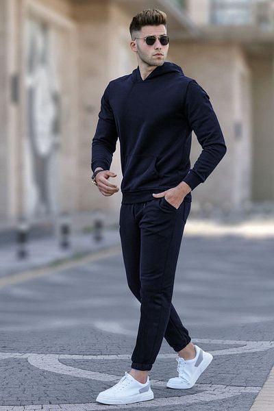 ruNadeS Ανδρικό σετ φόρμας τσέπης καγκουρό με φαρδιά εφαρμογή με κουκούλα 3 κλωστών - Walking