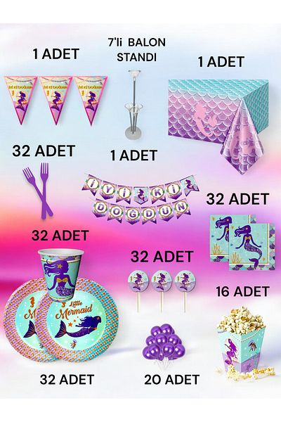 VibeHome Mermaid Themed 2XL Pack for 32 - Birthday Party & Fun Events
