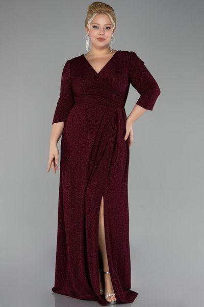 Efelif Maroon Capri Sleeve Long Glitter Plus Size Evening Dress Abu39740