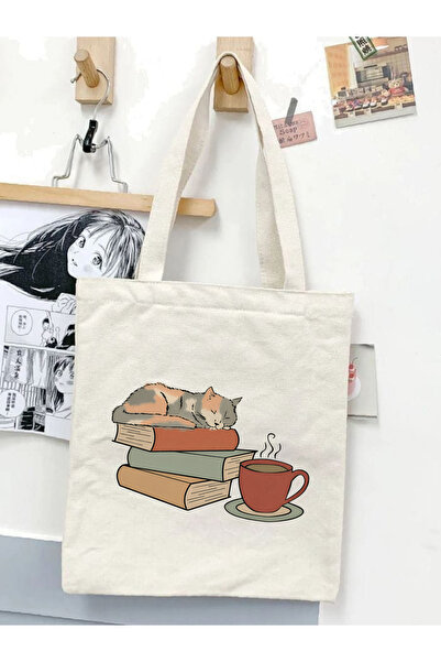 Cemira Kitap Kedi ve Çay Tasarım Ham Bez Tote Bag Çanta, Pinterest Çanta, Kit...