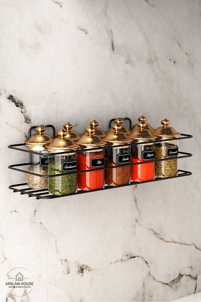ARSLAN HOUSE 2-Piece Black Spice Rack and Roll Towel Rack Adhesive Kitchen Stand
