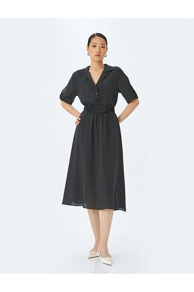 Koton Polka dot patterned shirt collar short sleeve midi viscose dress.