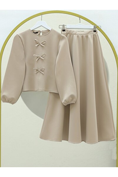 Modamorfo Beige Scuba Set - Skirt with Bow Detail on the Front