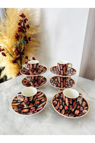 DEKORKMAZ KOSAVA ÖZEL KOLEKSİYON PORSELEN 6'lı YAPRAK DESENLİ FİNCAN TAKIMI