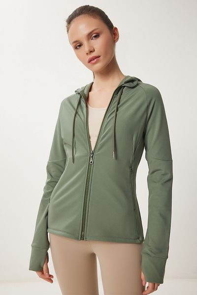 Lovelyİstanbul Finger Detailed Hooded Zippered Knitted Sweatshirt Khaki Lvx0007