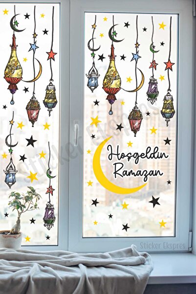 Sticker Ekspres Ramazan Kandilleri Hoşgeldin Ramazan Cam Kapı Duvar Sticker Seti