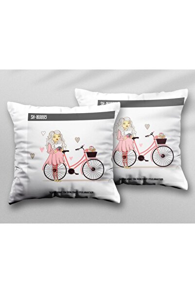 ART HEDİYE Girl Two Pieces - Washable Cushion Throw Pillow with Bicycle, Bask...