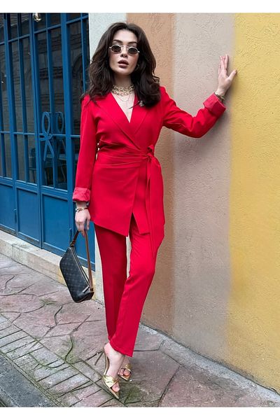 pembekurdelem Red Women's Jacket and Trousers Set - Tie-Up