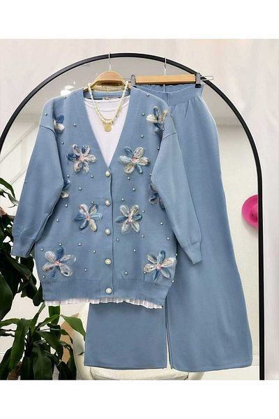 YEDİLALE Flowered Knitting Double Set