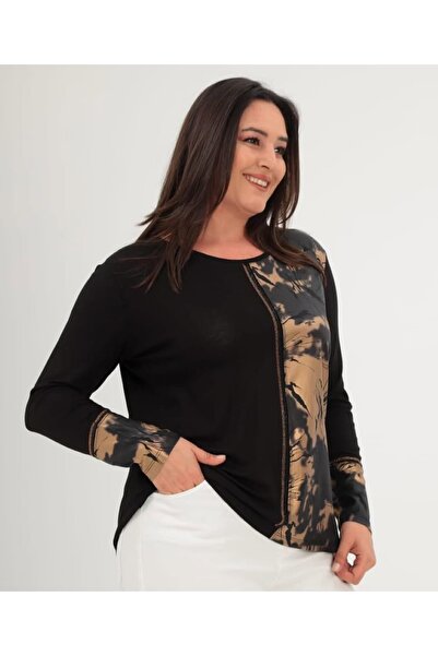 ZY BUTİK Plus Size Black Gold Leaf and Stone Detailed Blouse