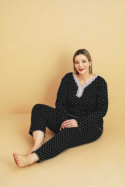 Eyfuze Women's Winter Plus Size Curve Embroidered Patterned Collar Buttoned Long Sleeve Pajama Set