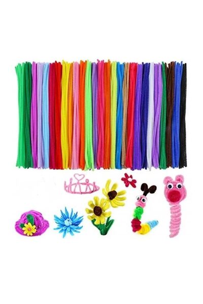 everart Renkli Şönil, 50 Adet, Tüylü Tel, 30 cm, Eğitici Şönil Seti, Peluş Tel