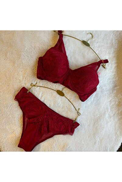 Infaith Bordo Dantel Detaylı Boş Kap C Beden Sütyen Takım